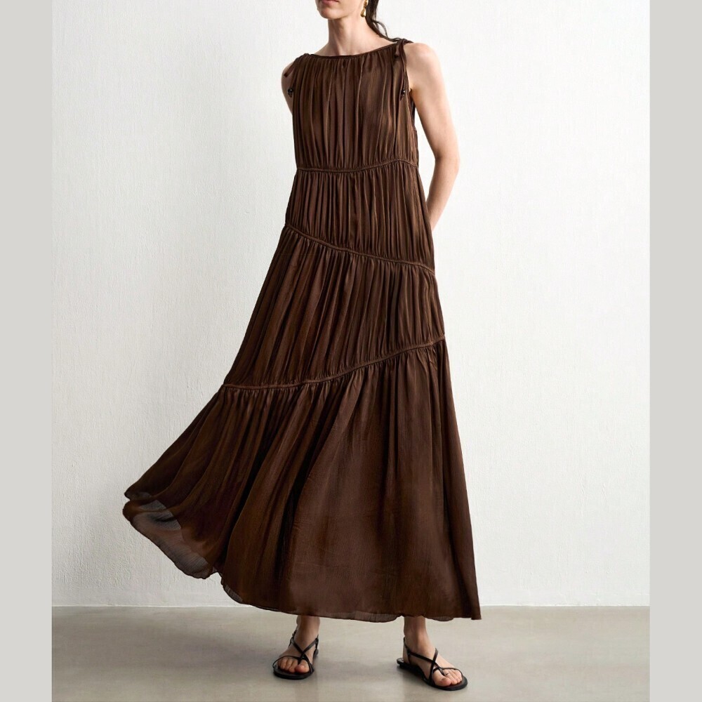 Chocolate Brown Tiered Cinched Maxi Dress with Shoulder Ties - Picture 3 of 9